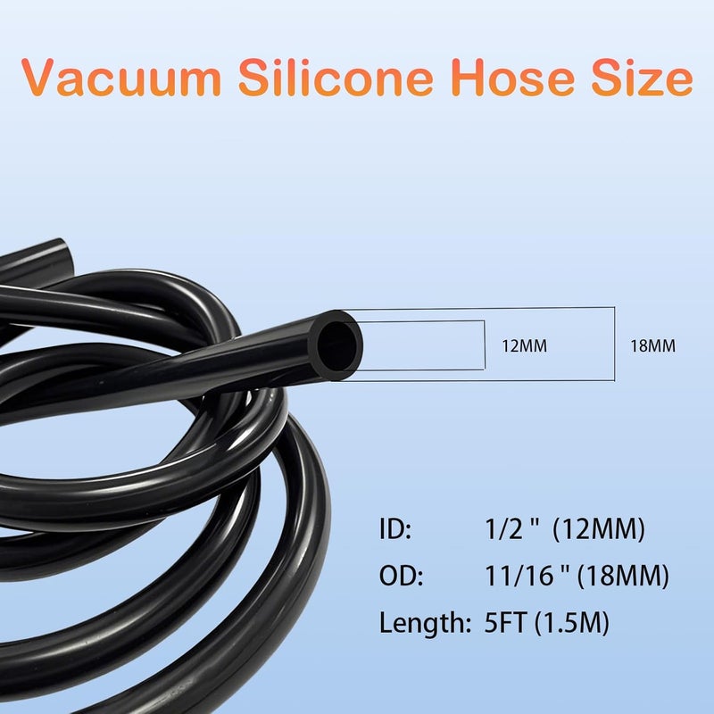 I33T خرطوم فراغ للسيارات، 1/2" (12 مم) قطر داخلي خرطوم سيليكون عالي الحرارة ضغط فراغ 130 PSI أقصى ضغط 5 أقدام (1.5 م) (أسود) - Image 2